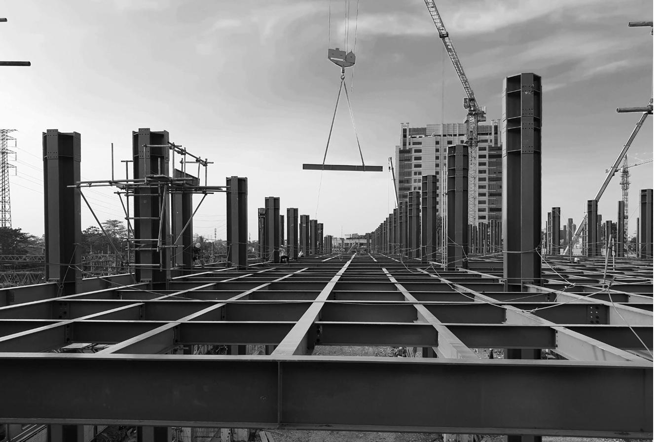 Black and white view of structural steel construction